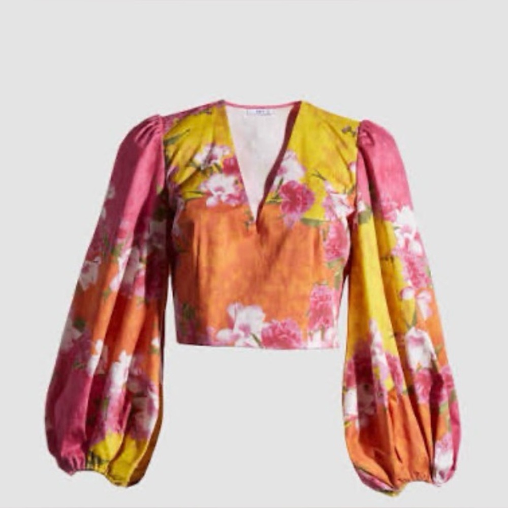 Zerina Akers For Bar III Balloon sleeves Colorful V-Neck Top Resort Vacation